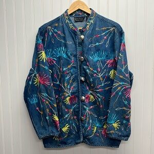 Vintage New Direction Denim Jean Jacket Blue Floral Colorful Embroidery‎  Sz M